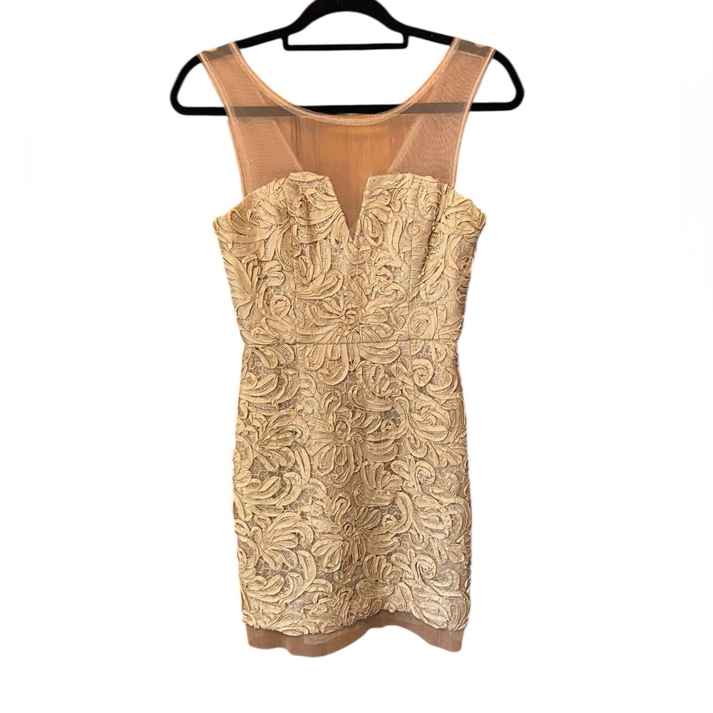 BCBG Max Azria Abigail Embroidered Cocktail Dress Champagne Mini Size 4 Wedding - Picture 3 of 6